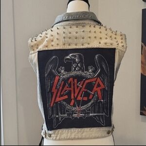 Custom, Handmade Studded Denim Vest with Slayer Back Patch